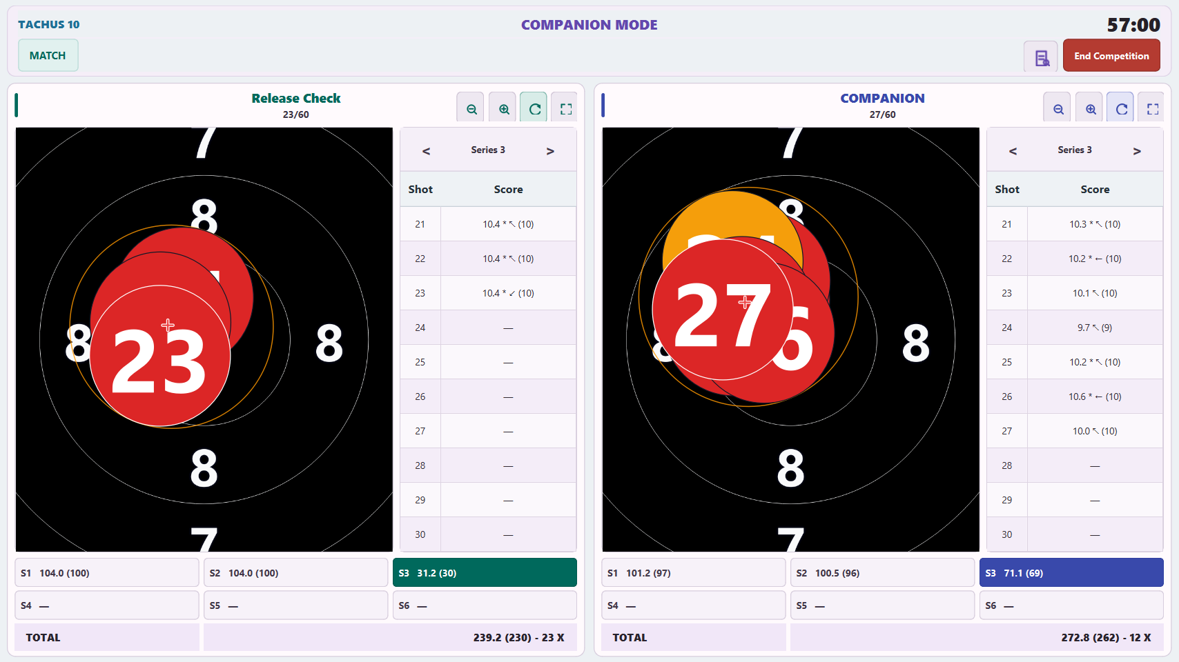 Tachus Scoring Software Companion Mode with a physical shooter lane and generated opponent lane