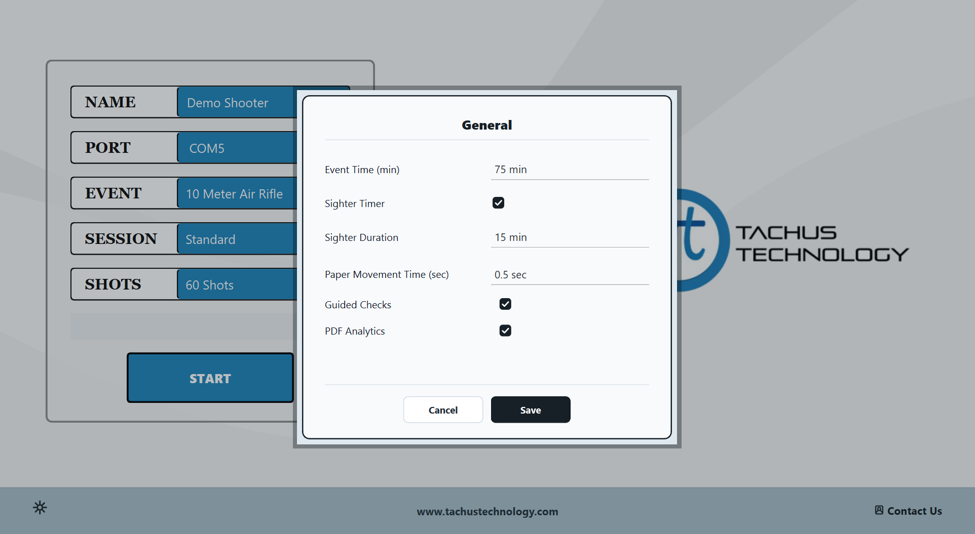 Tachus Scoring Software general settings with event time, sighter duration and paper movement controls
