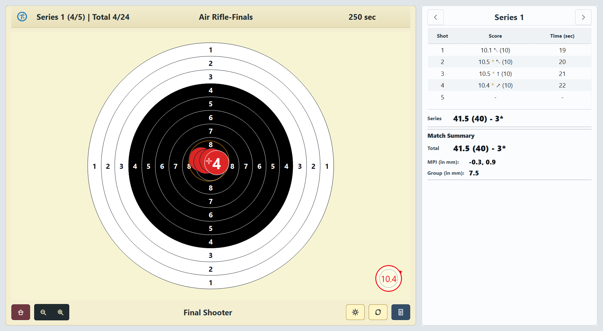Tachus Scoring Software ISSF Final Simulation with shot timing and score table